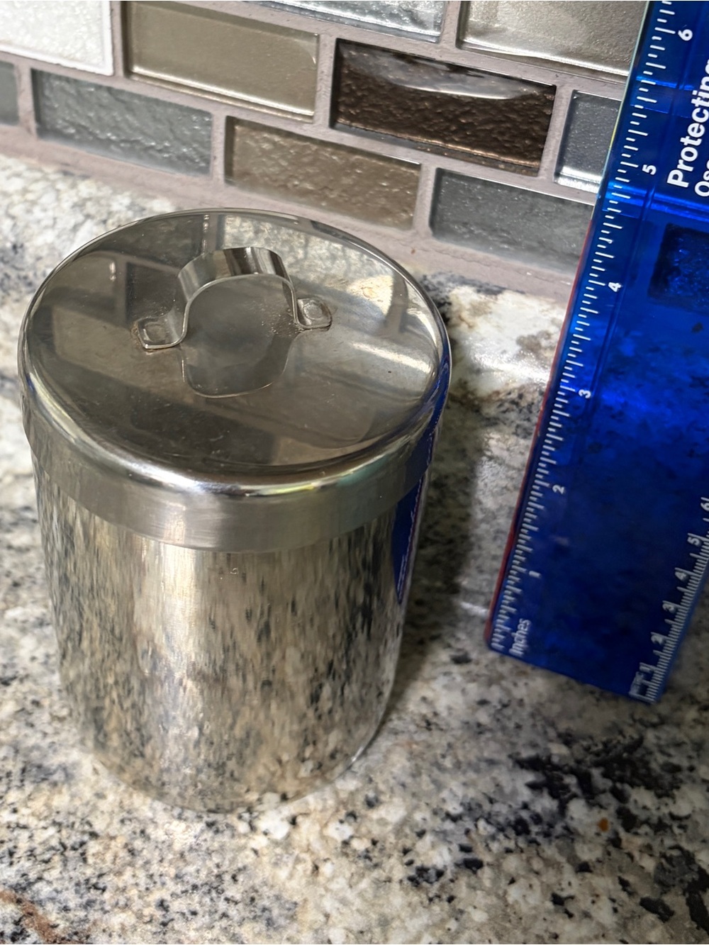 Vintage small 3” apothecary jar/lid polished stainless steel silver-toned metal